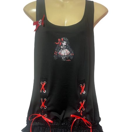 Handmade Gothic Creepy Doll Tank Top with Lace and Skull Bow, XL UK 16
