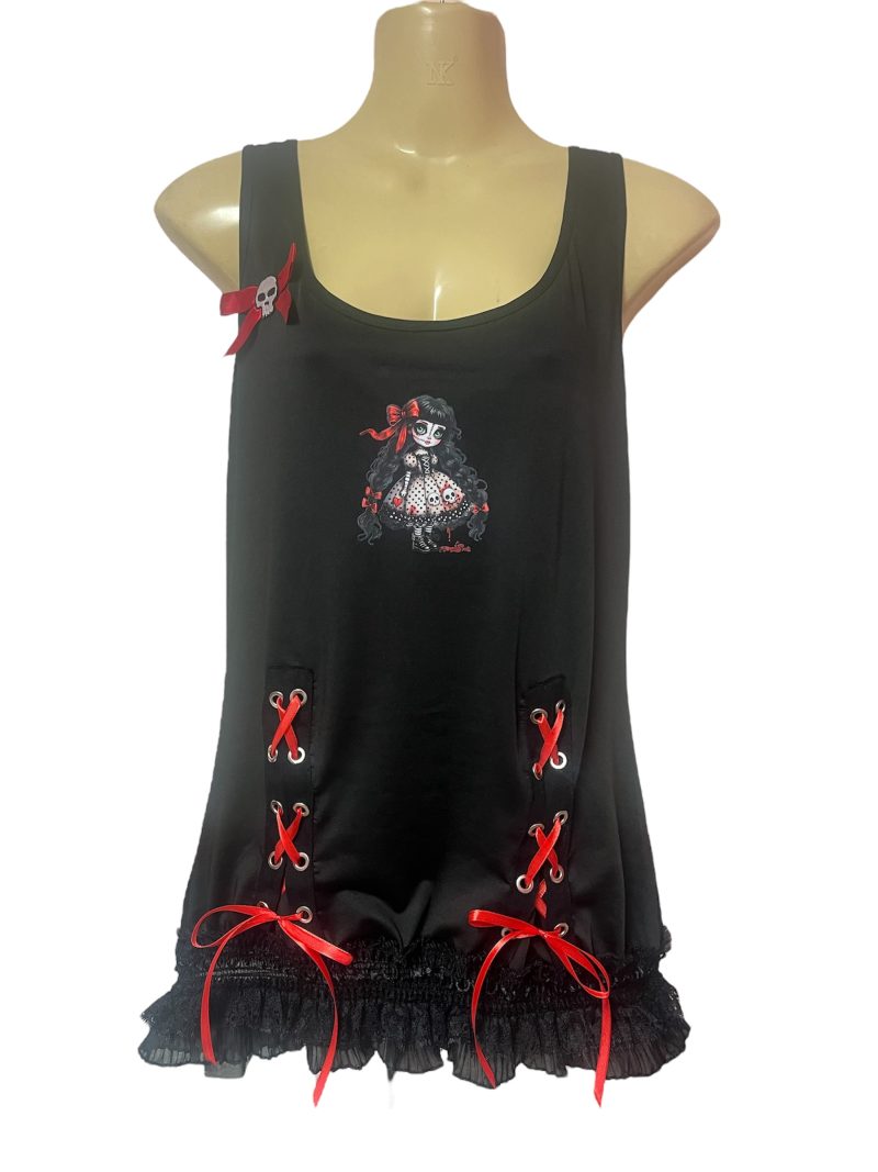 Handmade Gothic Creepy Doll Tank Top with Lace and Skull Bow, XL UK 16