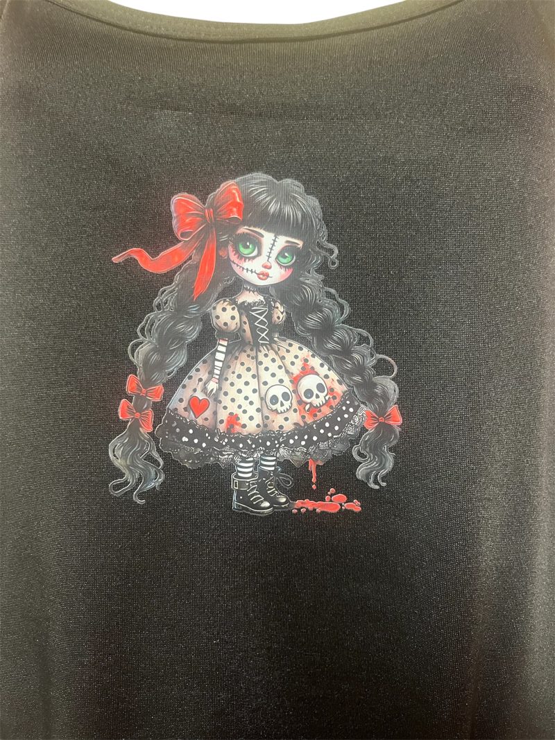 Handmade Gothic Creepy Doll Tank Top with Lace and Skull Bow, XL UK 16