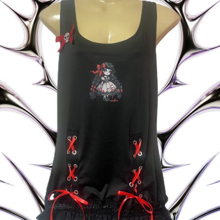 Handmade Gothic Creepy Doll Tank Top with Lace and Skull Bow, XL UK 16