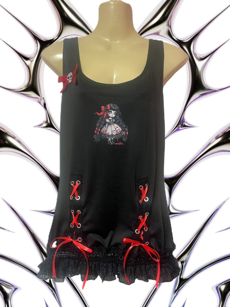 Handmade Gothic Creepy Doll Tank Top with Lace and Skull Bow, XL UK 16