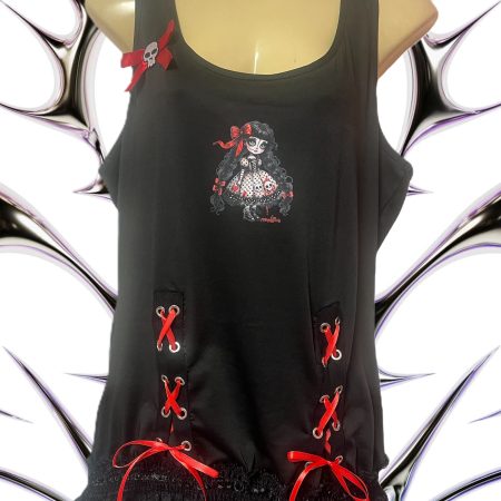 Handmade Gothic Creepy Doll Tank Top with Lace and Skull Bow, XL UK 16