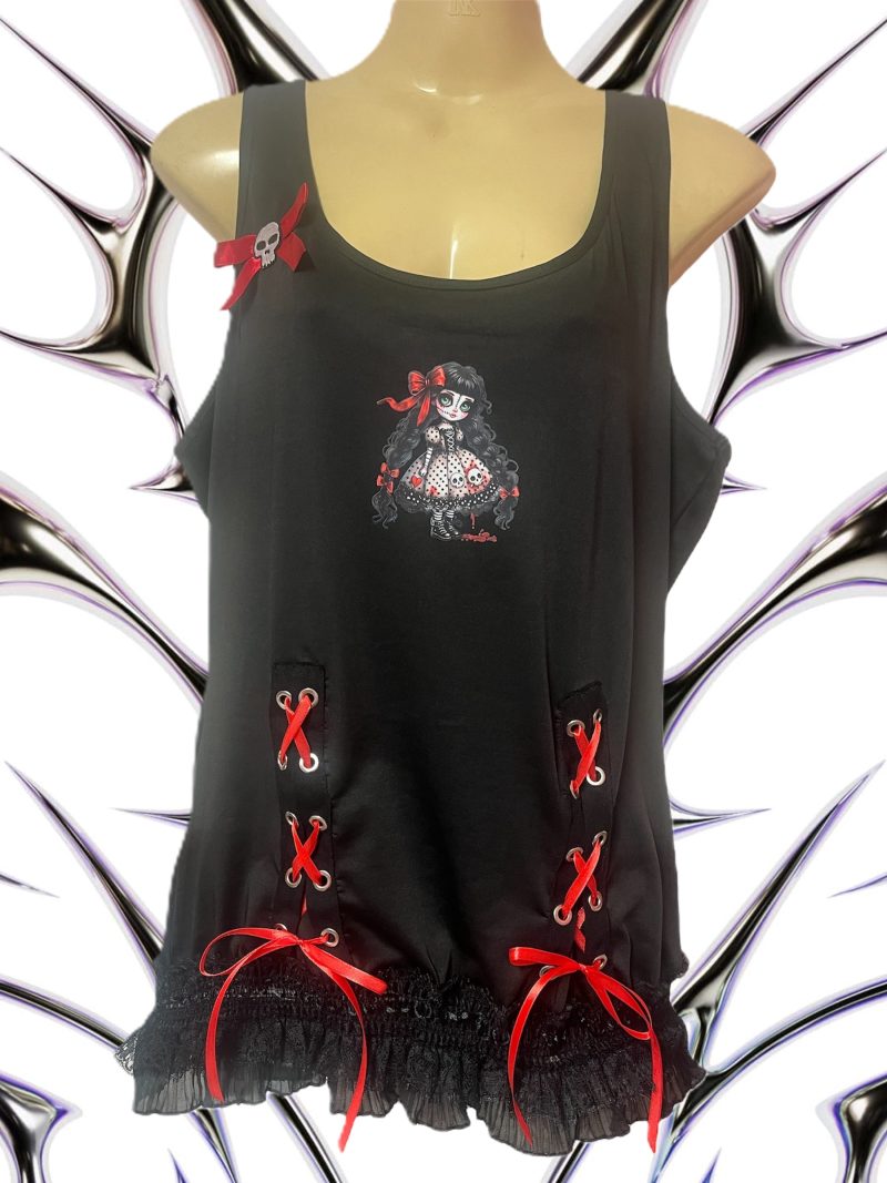 Handmade Gothic Creepy Doll Tank Top with Lace and Skull Bow, XL UK 16