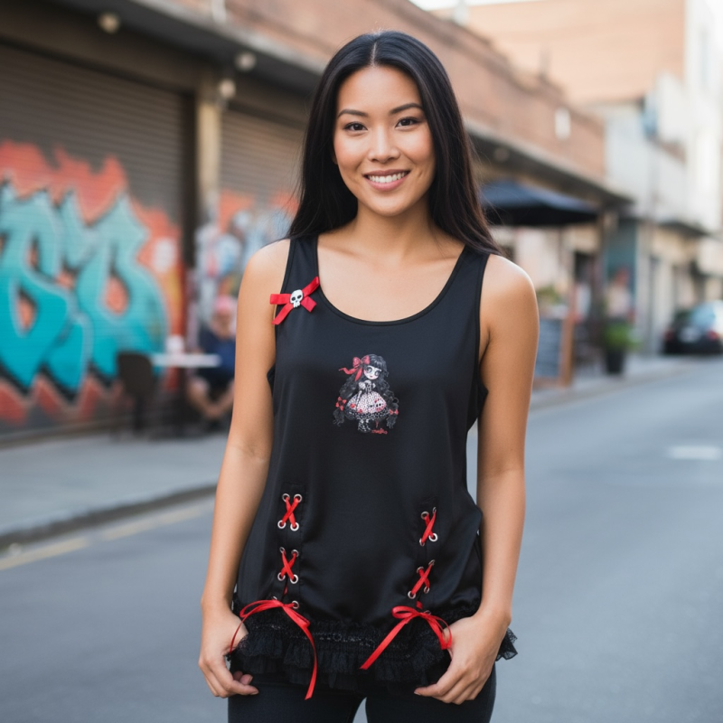 Handmade Gothic Creepy Doll Tank Top with Lace and Skull Bow, XL UK 16