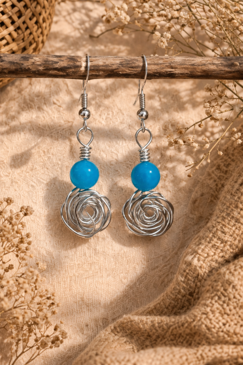 Amazonite & Wire Rose Drop Earrings