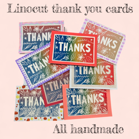 Lino printed handmade thank you cards