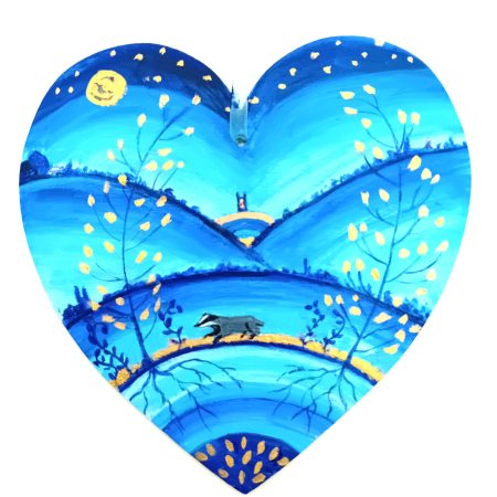 Badger by moonlight on a wooden heart hand painted blue and gold 18 x 18.5 cm