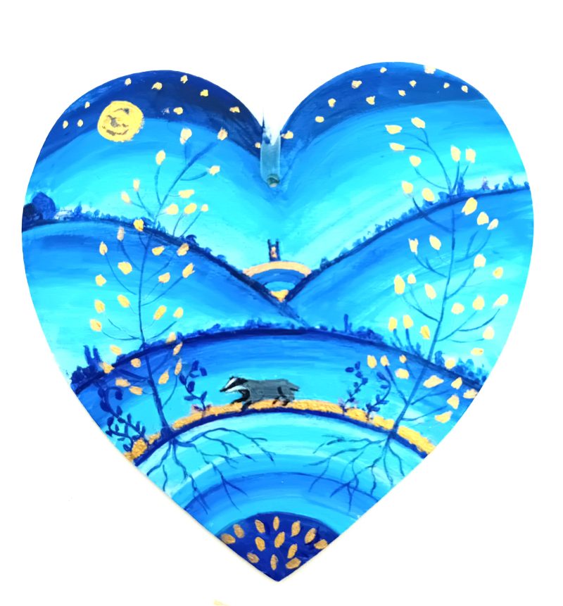 Badger by moonlight on a wooden heart hand painted blue and gold 18 x 18.5 cm