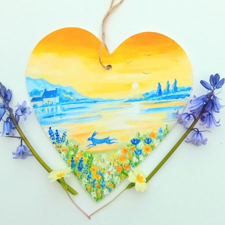 leaping hare in orange and blue landscape with lake flowers and reflections