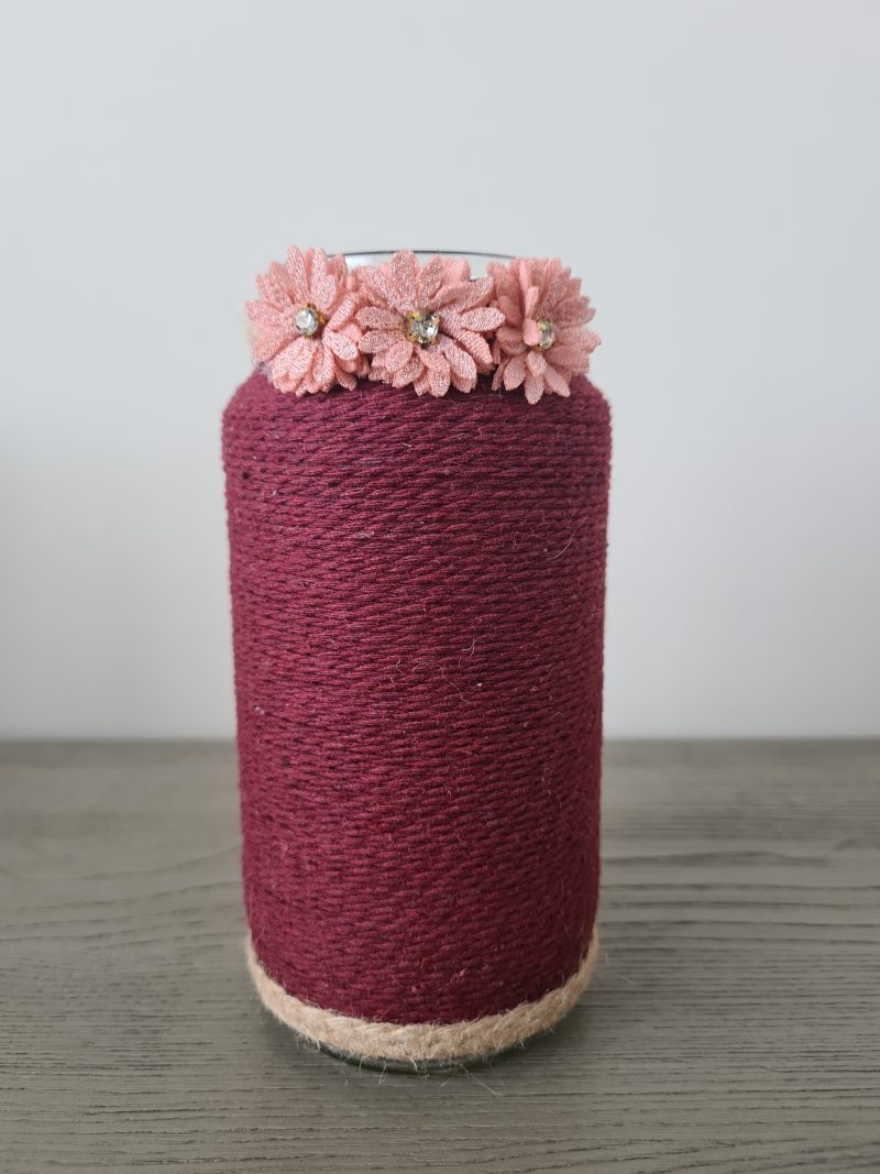 Burgundy yarn wrapped vase