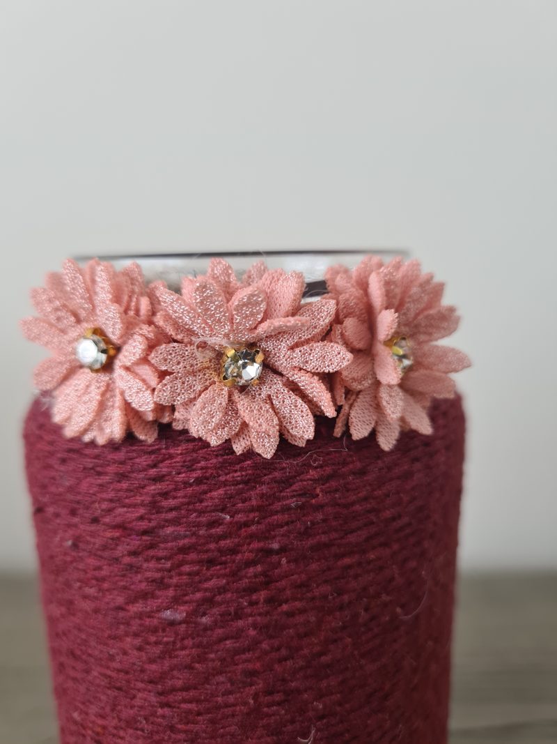 Burgundy yarn wrapped vase