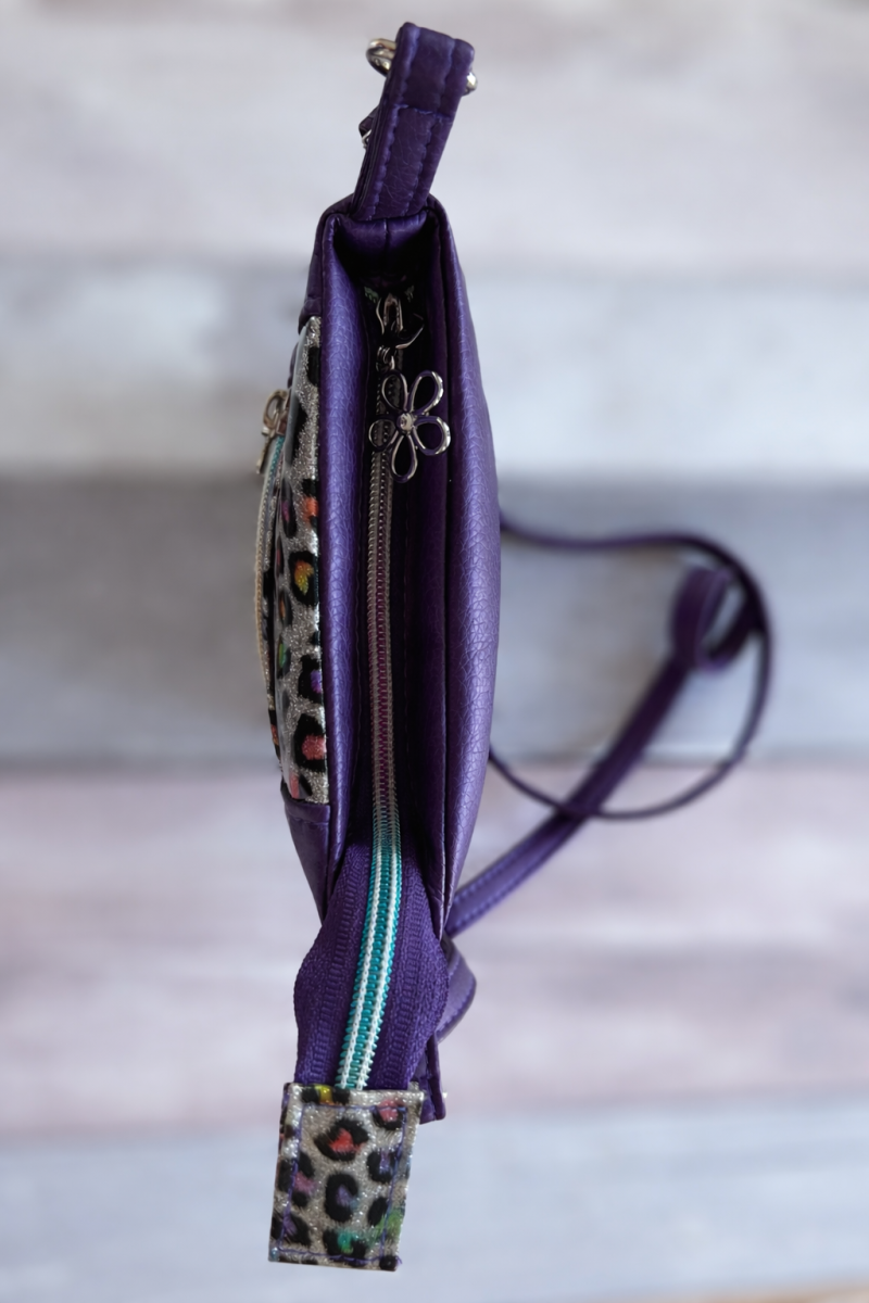 Purple and animal print mini crossbody bag
