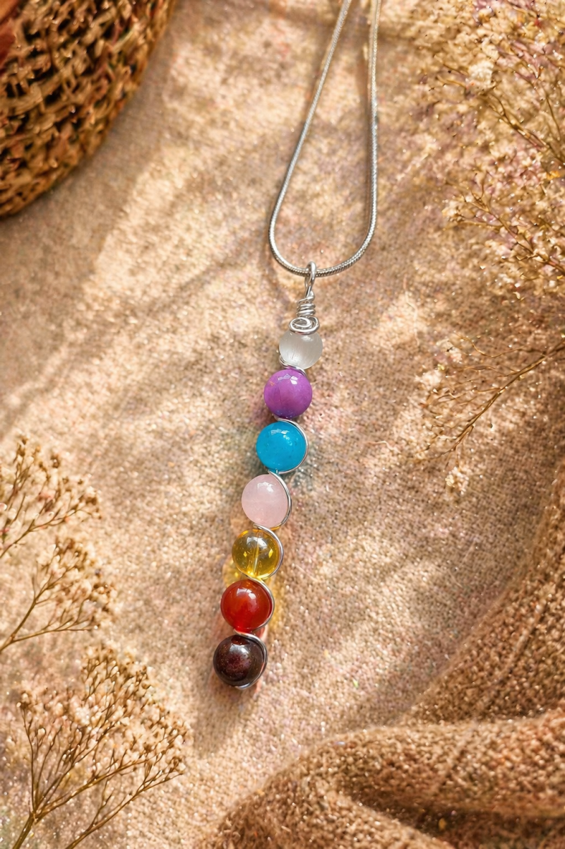 Soft 7 Chakra Crystal Pendant, Balance & Calm Energy Necklace