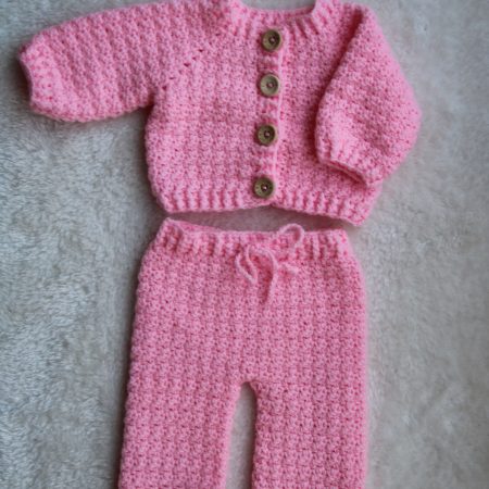 Pink Crochet Cardigan and Joggers Set for a Baby Girl