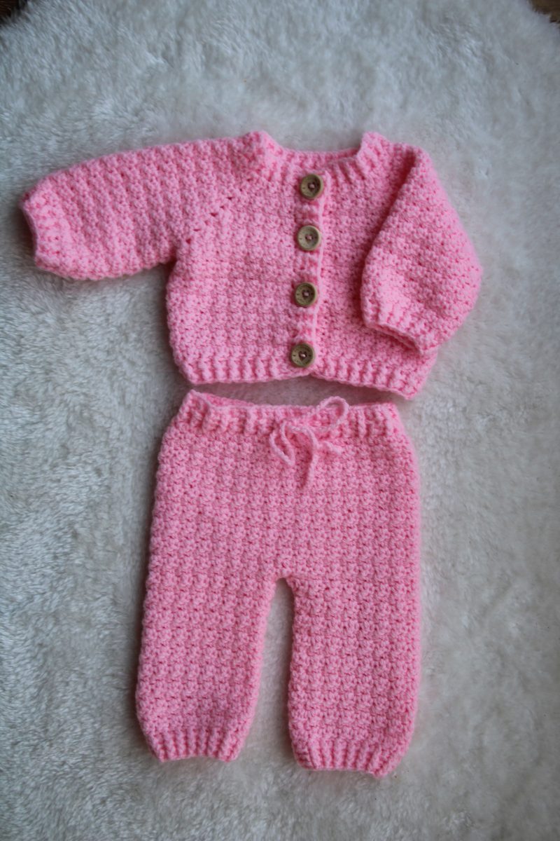 Pink Crochet Cardigan and Joggers Set for a Baby Girl