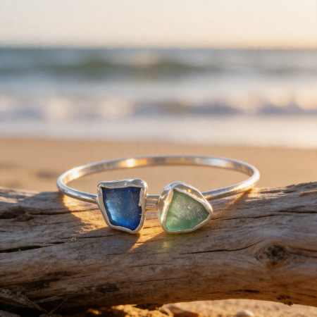 Sterling Silver Duo Sea Glass Bangle