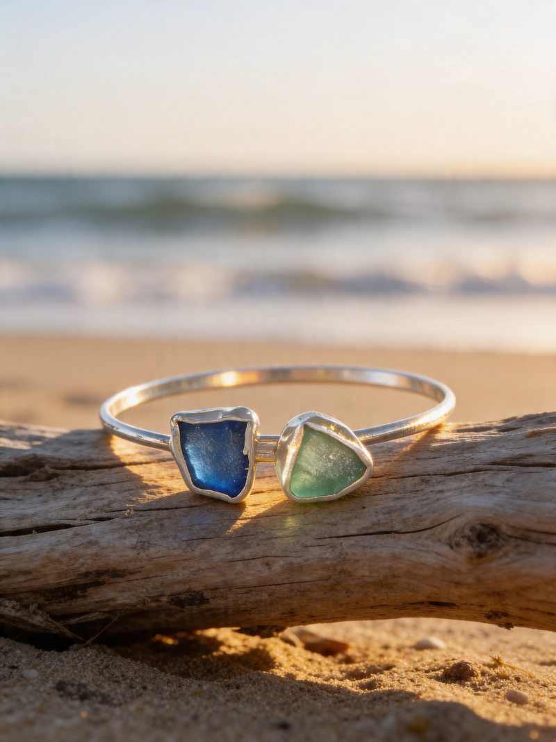 Sterling Silver Duo Sea Glass Bangle