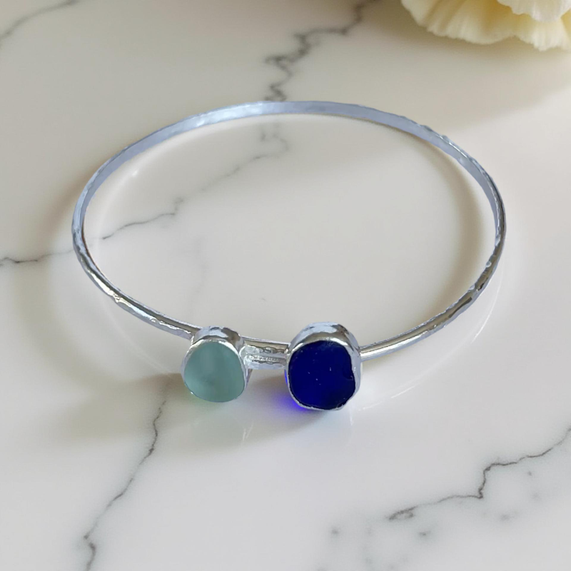 Sterling Silver Duo Sea Glass Bangle