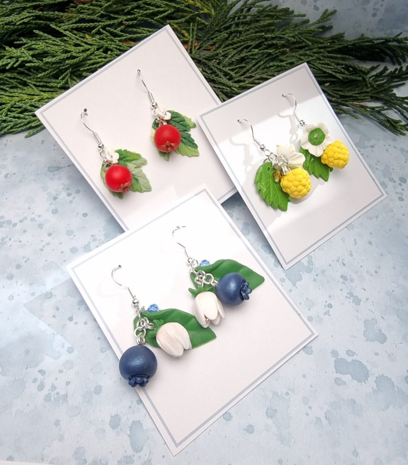 Handmade polymer clay blueberry raspberry redcurrant earrings