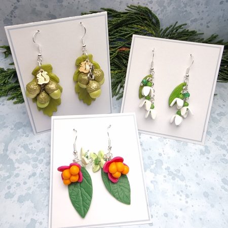 Woodland earrings featuring acorn spindle snowdrop