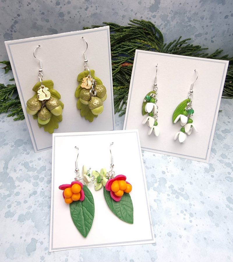 Woodland earrings featuring acorn spindle snowdrop