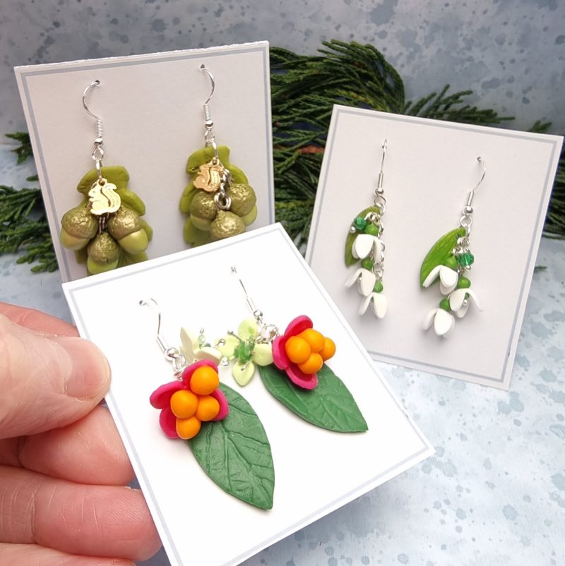 Woodland earrings featuring acorn spindle snowdrop