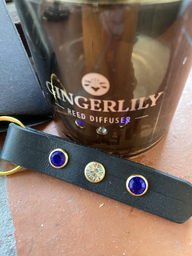 white and blue crystal Italian leather keyring