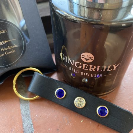 white and blue crystal Italian leather keyring