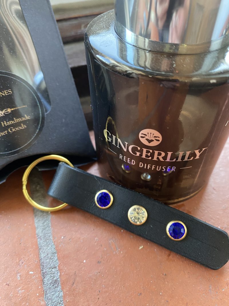 white and blue crystal Italian leather keyring