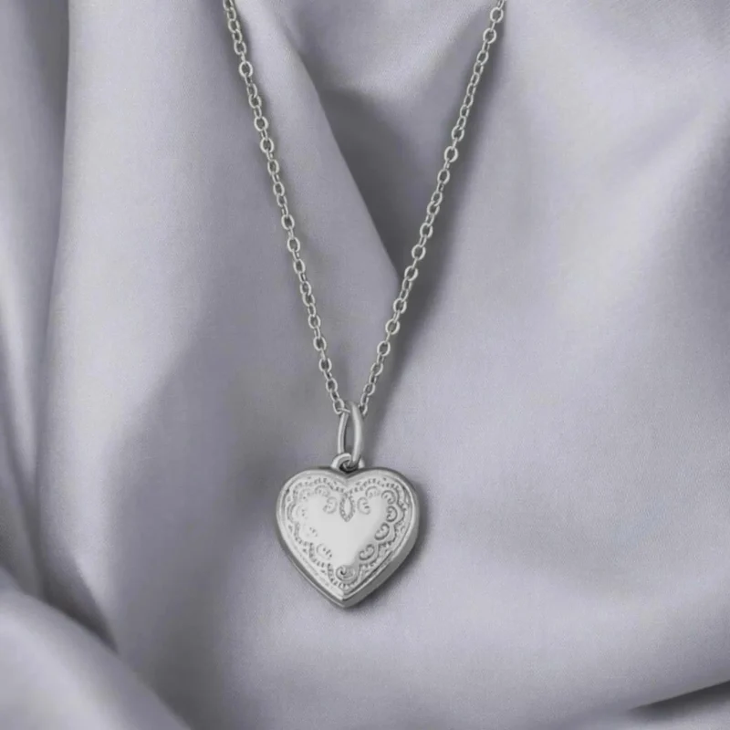 Vintage Embossed Heart Locket Necklace in Neutral Tones