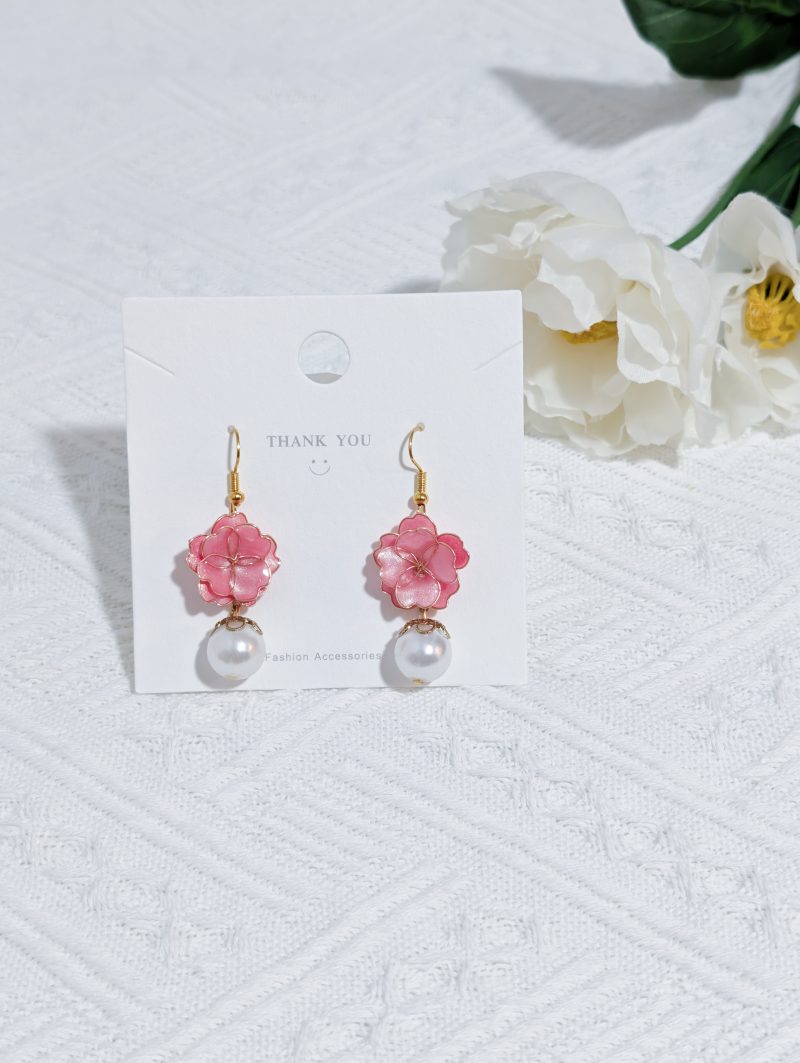 Handcrafted Resin Pink Floral Dangle Earrings