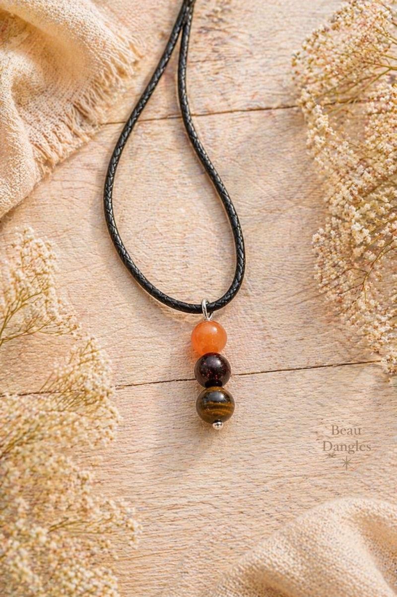 Energy & Vitality Crystal Pendant – Sunstone, Garnet & Tiger’s Eye