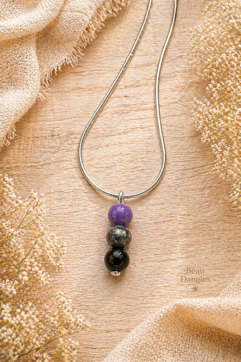 Protection & Grounding Crystal Pendant – Obsidian, Labradorite & Amethyst