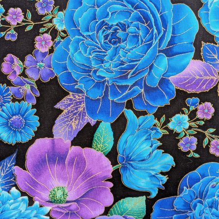 Front detail of decorative throw pillow cover with vibrant blue and purple floral pattern on a black background, featuring detailed blossoms and leaves.