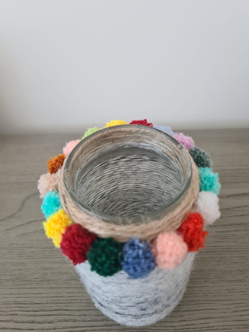 Yarn wrapped pom pom vase