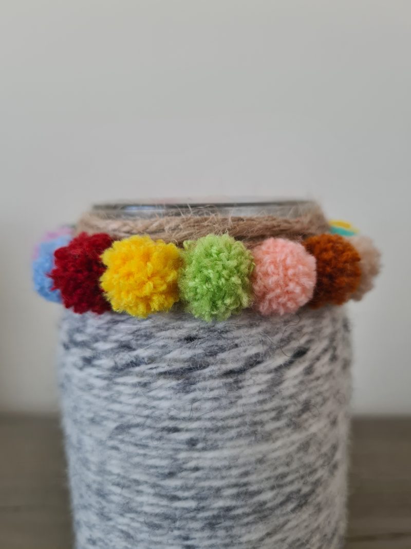 Yarn wrapped pom pom vase