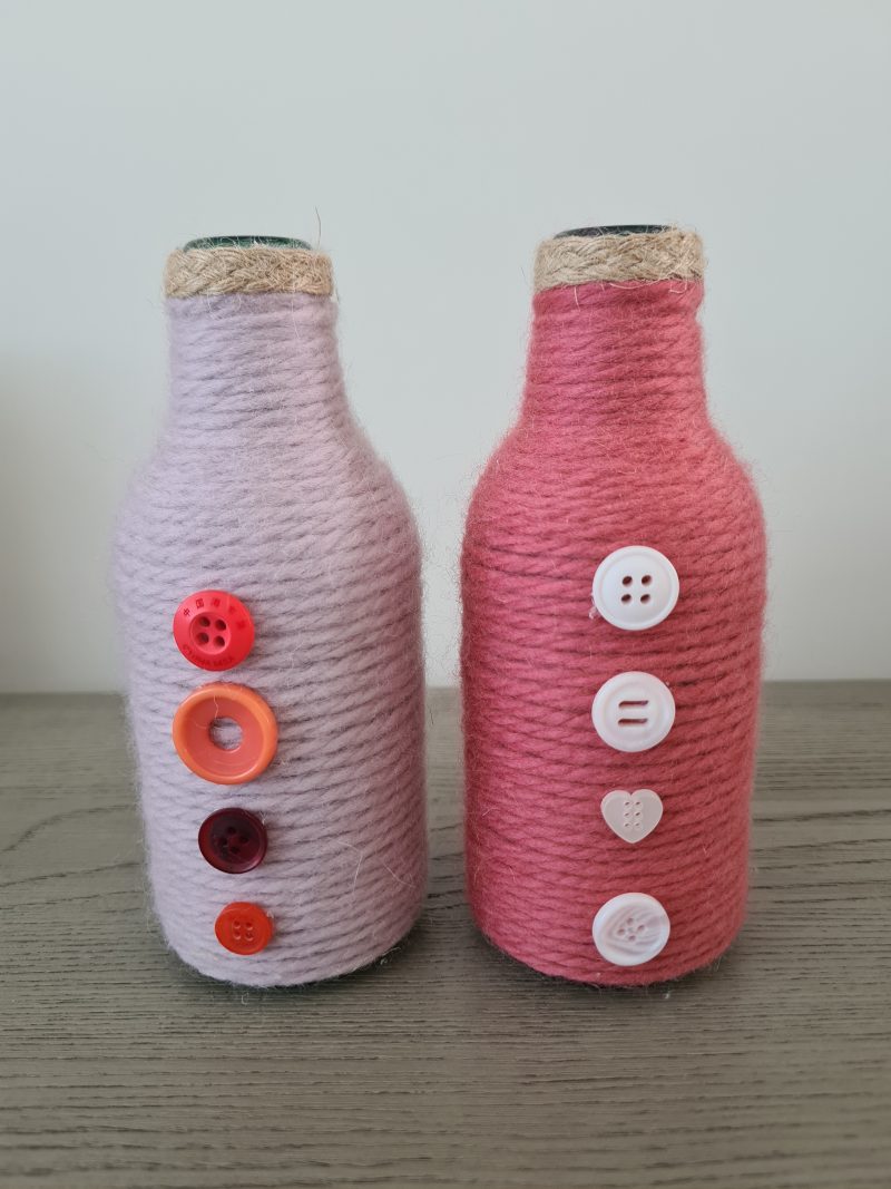 Set of 2 pink yarn wrapped bottles