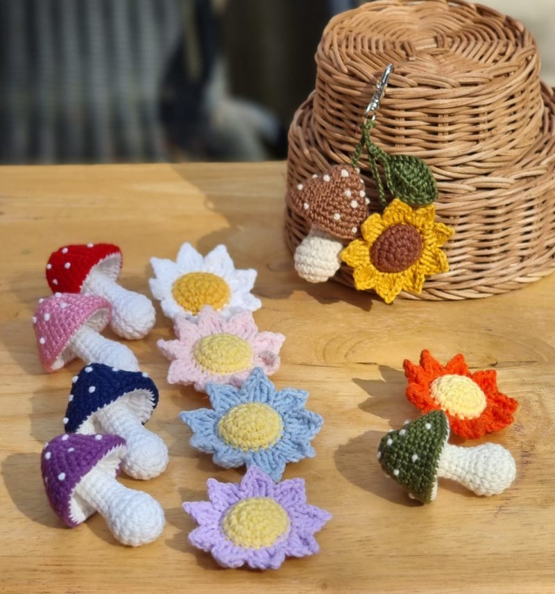 Handmade Crochet Mushroom & Flower Keychain Bag Charm