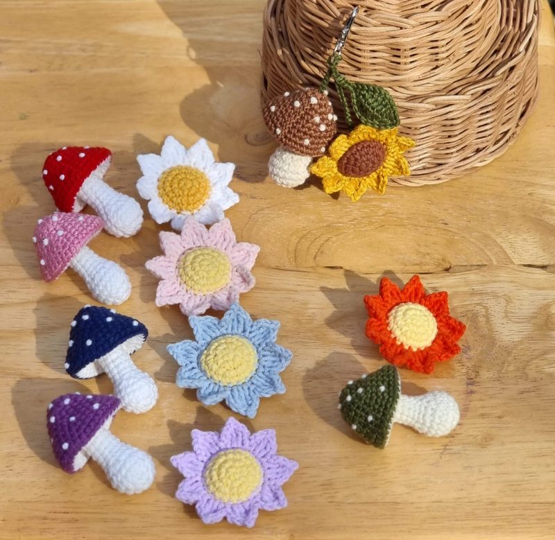 Handmade Crochet Mushroom & Flower Keychain Bag Charm