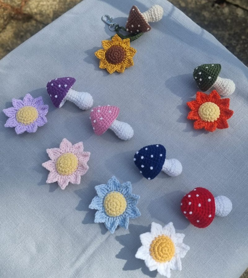 Handmade Crochet Mushroom & Flower Keychain Bag Charm