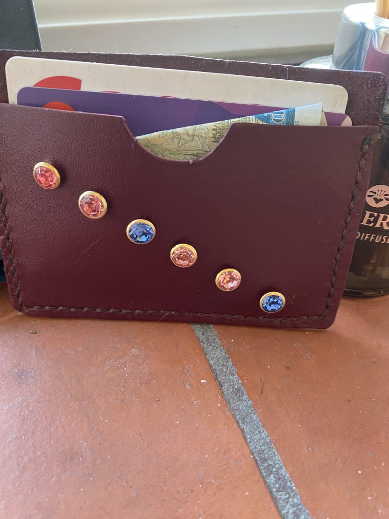 Burgundy Italian leather and crystals little card/ notes wallet