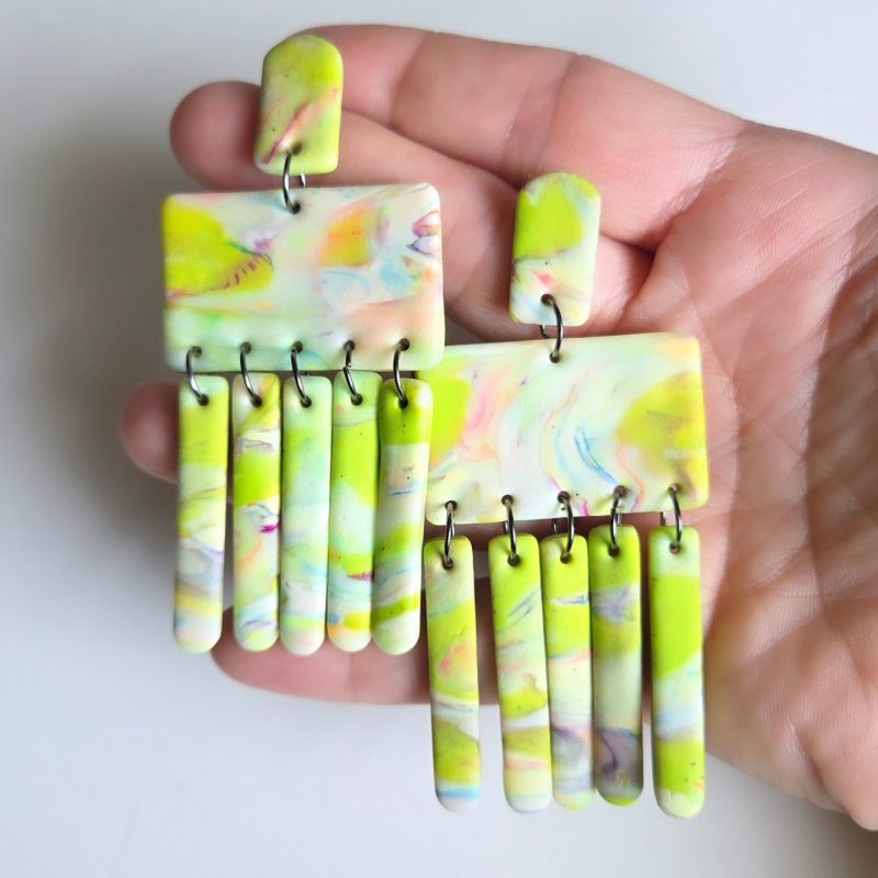 Polymer Clay Earrings Abstract Marble Neon Yellow
