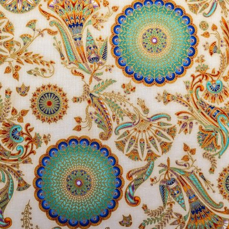 Reverse detail of boho cushion cover with turquoise and gold mandala floral pattern on a cream background, 18 inch decorative pillow cover