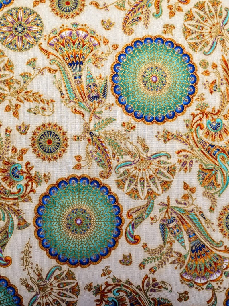 Reverse detail of boho cushion cover with turquoise and gold mandala floral pattern on a cream background, 18 inch decorative pillow cover