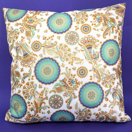 Front of boho cushion cover with turquoise and gold mandala floral pattern on a cream background, 18 inch decorative pillow cover