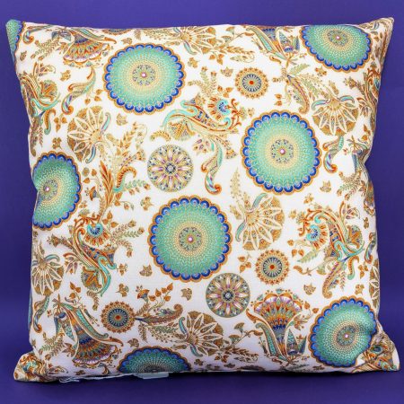 Reverse of boho cushion cover with turquoise and gold mandala floral pattern on a cream background, 18 inch decorative pillow cover