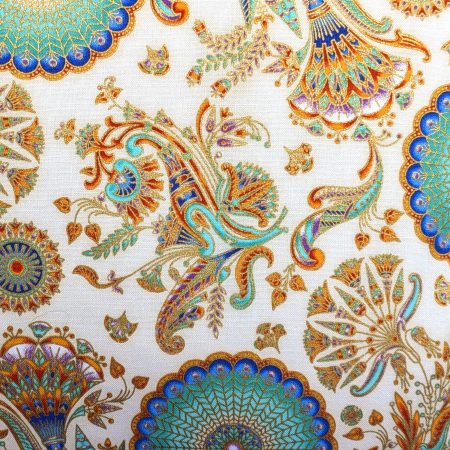 Front detail of boho cushion cover with turquoise and gold mandala floral pattern on a cream background, 18 inch decorative pillow cover