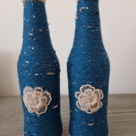 Set of 2 upcycled glass bottles Wrapped with teal yarn & jute trim