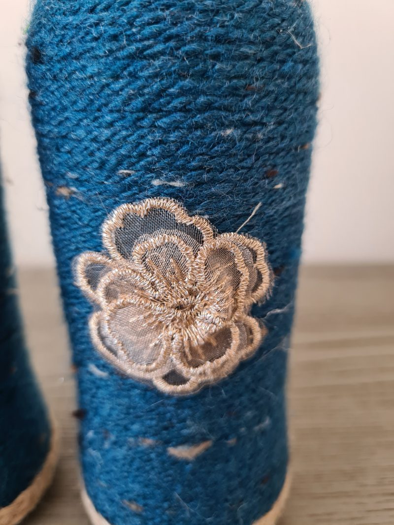 Set of 2 upcycled glass bottles Wrapped with teal yarn & jute trim