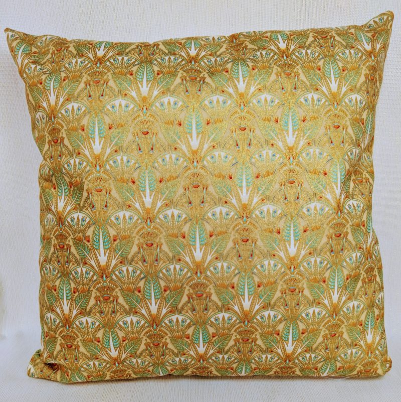Gold and teal Art Deco style cushion cover with detailed fan pattern, 18 inch decorative pillow cover